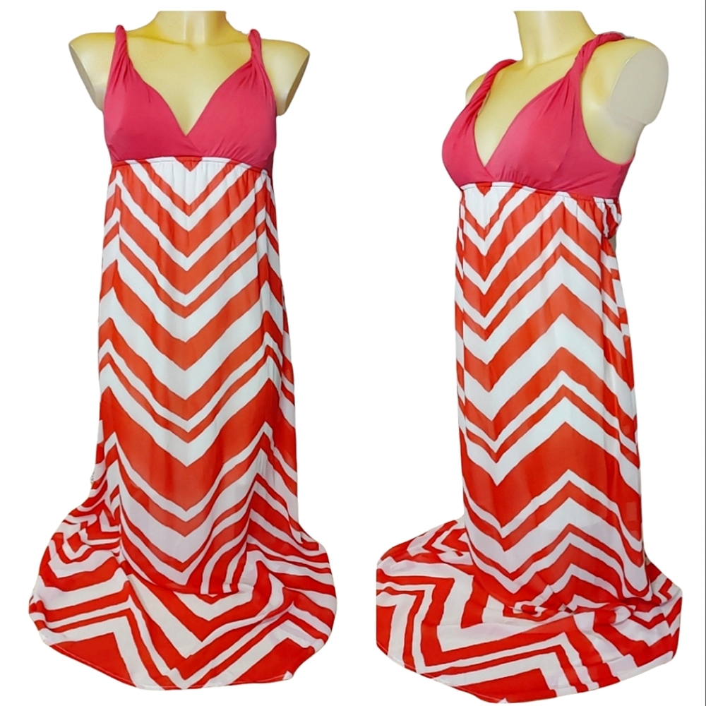 RACHEL KATE Red and White Chevron Sheer Bottom Flowy Maxi Dress